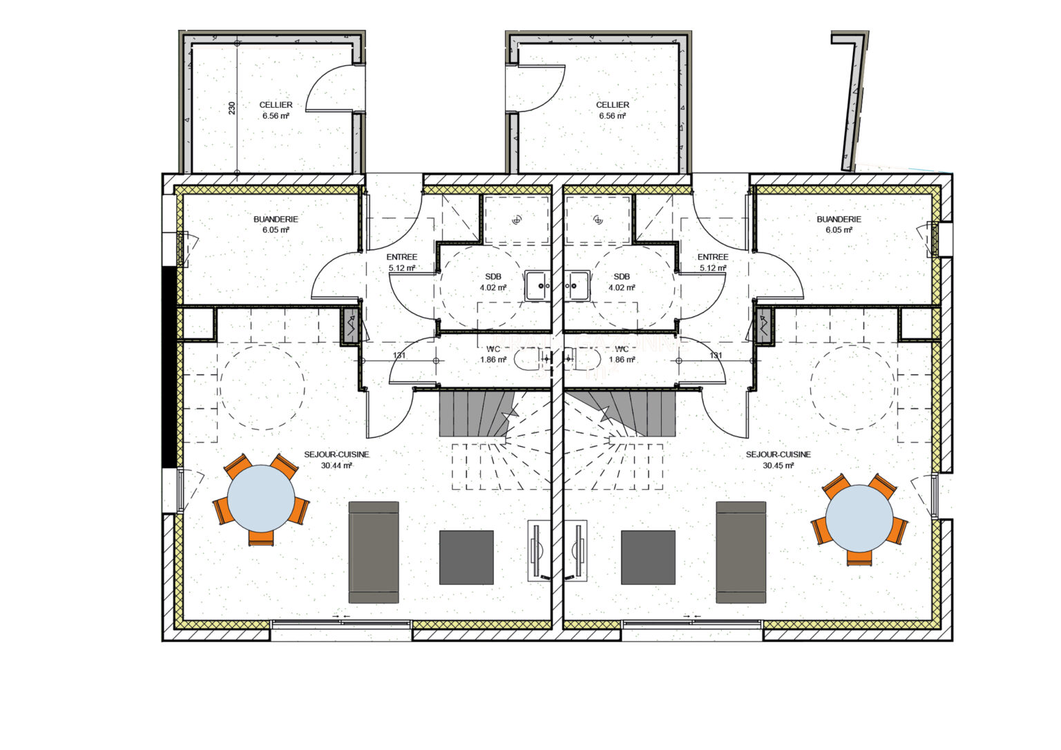 Plan de 2 logements mitoyens - Ty Guen - SOFT Fluides & Thermique - Bureau d'Études CVC - Installation production d'eau chaude